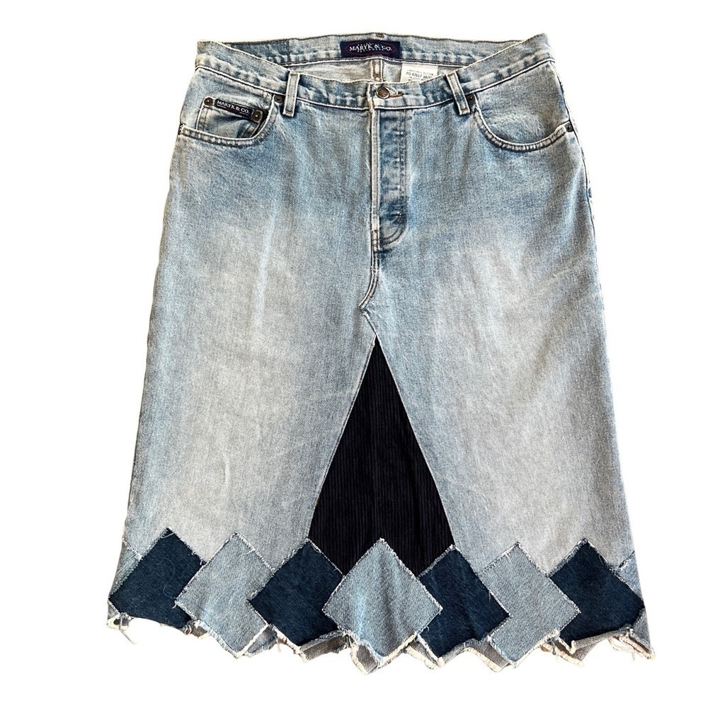 Vintage Deconstructed Patchwork Denim Mid Low Rise Jean Midi Skirt